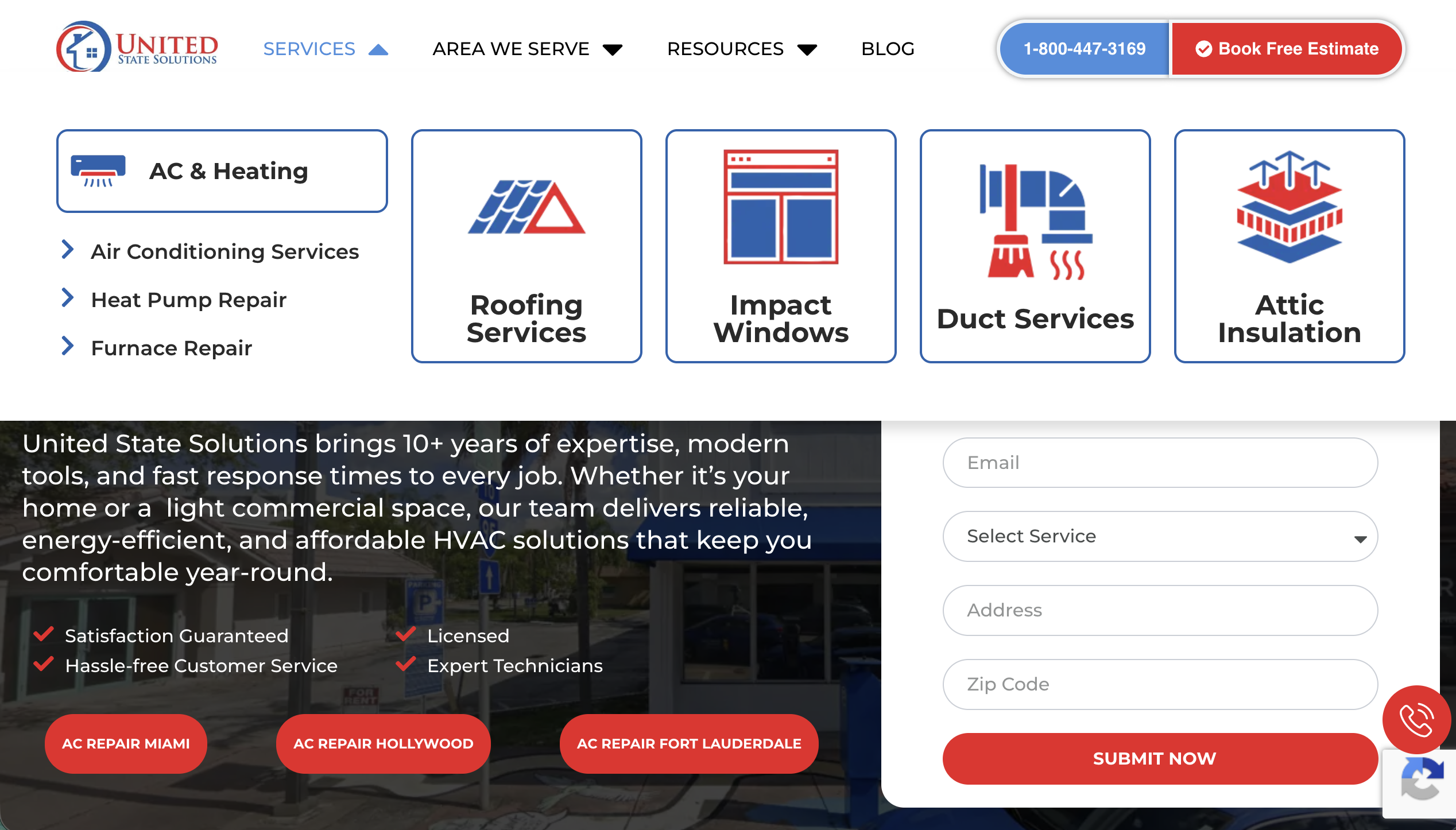 United State Solutions homepage showing AC & Heating, Roofing, Impact Windows, Duct Services and Attic Insulation